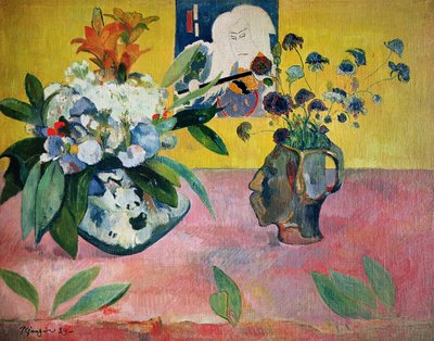 Bloemen en een Japanse prent door Paul Gauguin